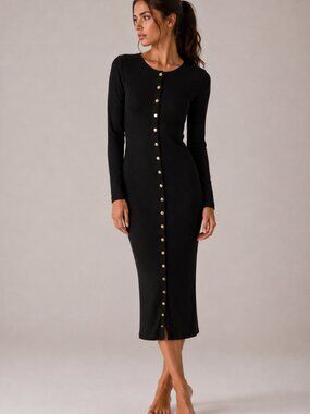 Heart & Hips Black Ribbed Button Front Midi Dress Gold Snap Detail Size L
